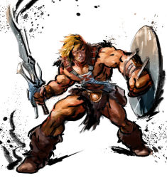 Rule 34 | 1boy, arm guards, artist request, barbarian, belt, blonde hair, capcom, crossover, fantasy, fur, he-man, ink, male focus, manly, masters of the universe, muscular, parody, redesign, science fiction, shield, solo, street fighter, street fighter iv (series), style parody, sword, weapon