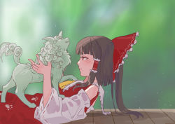 Rule 34 | animalization, ascot, bow, brown hair, curly hair, detached sleeves, foresty, frilled bow, frills, hair bow, hair tubes, hakurei reimu, horns, komainu, komano aunn, komano aunn (komainu), lying, medium hair, nontraditional miko, paw print, red bow, red eyes, ribbon-trimmed sleeves, ribbon trim, single horn, touhou, wide sleeves, yellow ascot