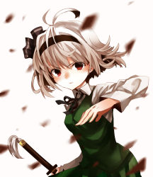 Rule 34 | 1girl, ahoge, arm up, female focus, frown, hair ribbon, konpaku youmu, long sleeves, looking at viewer, mephisto (angraecum), open hand, petals, red eyes, ribbon, short hair, simple background, skirt, solo, sword, touhou, vest, weapon, white background, white hair