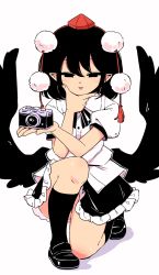 Rule 34 | 1girl, :d, bird wings, black eyes, black footwear, black hair, black skirt, black socks, black wings, buttons, camera, collared shirt, frilled skirt, frills, full body, hand on own chin, hat, holding, holding camera, kneehighs, looking at viewer, maguro (mawaru sushi), open mouth, pointy ears, pom pom (clothes), puffy short sleeves, puffy sleeves, red hat, shameimaru aya, shirt, short hair, short sleeves, simple background, sitting, skirt, smile, socks, solo, tokin hat, touhou, white background, white shirt, wings