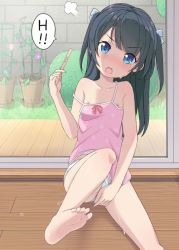 Rule 34 | 1girl, arm support, bare legs, barefoot, black hair, blouse, breasts, collarbone, covering privates, covering crotch, embarrassed, feet, flat chest, flower, grass, hair ribbon, head tilt, indoors, kimagure blue, leg lift, long hair, nipple slip, nipples, original, panties, pink shirt, polka dot, polka dot panties, polka dot shirt, popsicle stick, ribbon, shirt, sitting, sliding doors, soles, solo, spread legs, strap slip, thighs, toes, two side up, underwear, white panties, window, wooden floor
