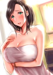 Rule 34 | 1girl, absurdres, bad id, bad pixiv id, bare shoulders, blush, breast lift, breasts, brown hair, cleavage, green eyes, highres, indoors, large breasts, looking at viewer, medium hair, naked towel, open mouth, original, sg (esujii), solo, standing, towel, wristband