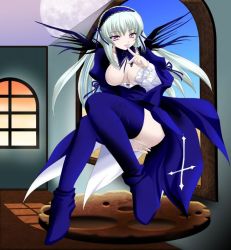 Rule 34 | 00s, :p, ass, breasts, breasts out, dress, long hair, masturbation, moon, nipples, purple eyes, pussy juice, rozen maiden, silver hair, suigintou, tagme, thighhighs, tongue, tongue out