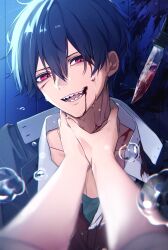 1boy :d absurdres black_hair black_jacket blood collarbone green_shirt hair_between_eyes hanami_haru highres jacket knife male_focus open_mouth original pink_eyes reflection sharp_teeth shirt smile strangling teeth tongue water_drop