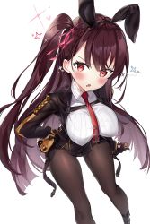 Rule 34 | 1girl, animal ears, ankle strap, artist name, black pantyhose, black skirt, blazer, blush, braid, breasts, collared shirt, fake animal ears, framed breasts, french braid, girls&#039; frontline, gloves, hair ribbon, half updo, hand on own hip, head tilt, high-waist skirt, highres, jacket, large breasts, long hair, looking at viewer, narae, necktie, one side up, open mouth, pantyhose, purple hair, rabbit ears, red eyes, red necktie, red ribbon, ribbon, shirt, sidelocks, simple background, skirt, solo, strap, striped clothes, striped shirt, sweatdrop, teeth, thighband pantyhose, tsurime, upper teeth only, very long hair, wa2000 (girls&#039; frontline), white background