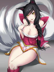 Rule 34 | 1girl, ahri (league of legends), animal ears, bare shoulders, black hair, braid, breasts, cleavage, female focus, fox ears, fox tail, highres, kumiko shiba, large breasts, league of legends, long hair, looking at viewer, low neckline, multiple tails, open \m/, smile, solo, tail, thighs, yellow eyes