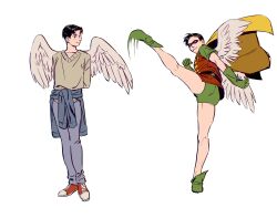 Rule 34 | 2boys, alternate universe, angel wings, arms behind back, batman (series), black hair, brown sweater, cape, clothes around waist, commentary, dc comics, dick grayson, domino mask, dual persona, english commentary, feathered wings, gloves, green gloves, green shorts, highres, kicking, male focus, marski, mask, multiple boys, robin (dc), short shorts, shorts, sweater, sweater around waist, wings, yellow cape