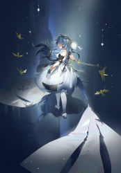 Rule 34 | 1girl, animal ears, arknights, astesia (arknights), astesia (frlibe on the palace) (arknights), bare shoulders, bird, bird ears, blue hair, closed eyes, clothes on floor, clsr706, dress, from above, from behind, full body, gloves, hair ornament, high heels, highres, holding, holding sword, holding weapon, long hair, pantyhose, ribbon, solo, standing, sword, twisted torso, walking, weapon, white dress, white pantyhose