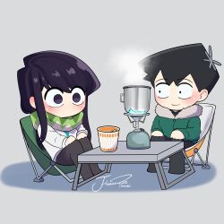 Rule 34 | 1boy, 1girl, absurdres, artist name, black hair, black pants, blue fire, camping chair, chibi, commentary, fire, flower, fur-trimmed jacket, fur trim, green jacket, hair flower, hair ornament, highres, j humbo, jacket, komi-san wa komyushou desu, komi shouko, long hair, long sleeves, looking at another, nissin cup noodle, no mouth, no nose, pants, portable stove, purple eyes, purple hair, scarf, signature, sitting, steam, table, tadano hitohito, white jacket