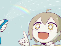 Rule 34 | + +, 1boy, 1other, absurdres, ahoge, avogado6, blue background, blush, commentary request, hair between eyes, hand up, hands up, highres, holding, holding hose, hose, light brown hair, looking to the side, open mouth, original, pointing, rainbow, shirt, short hair, short sleeves, simple background, smile, solo focus, sparkle, star (symbol), t-shirt, tongue, upper body, water, yellow eyes, yellow shirt