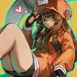 Rule 34 | 1girl, anchor, arc system works, backpack, bag, bike shorts, breasts, brown eyes, brown hair, cabbie hat, fingerless gloves, gloves, guilty gear, guilty gear strive, hat, heart, highres, hood, hoodie, huge weapon, jacket, long hair, looking at viewer, may (guilty gear), orange hat, orange hoodie, orange jacket, pirate hat, pointing, pointing at viewer, sitting, skull, small breasts, solo, thighs, uncle rabbit ii, weapon
