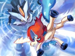 Rule 34 | battle, blue eyes, claws, commentary request, creature, creatures (company), dragon, eye contact, frown, game freak, gen 5 pokemon, hanaki hana, highres, horns, jumping, keldeo, keldeo (resolute), kyurem, legendary pokemon, looking at another, mythical pokemon, nintendo, no humans, pokemon, pokemon (creature), sharp teeth, single horn, teeth