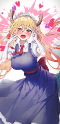 Rule 34 | 1girl, :d, absurdres, blonde hair, blue dress, blush, breasts, commentary, cowboy shot, dragon girl, dragon horns, dragon tail, dress, fangs, gloves, gradient hair, hair between eyes, hands up, heart, heart in eye, highres, horns, kobayashi-san chi no maidragon, large breasts, leaning forward, long dress, long hair, looking at viewer, maid, maid headdress, multicolored hair, necktie, open mouth, pink hair, puffy short sleeves, puffy sleeves, red eyes, red necktie, shirt, short sleeves, slit pupils, smile, solo, symbol-only commentary, symbol in eye, tail, tem, tohru (maidragon), twintails, very long hair, white gloves, white shirt