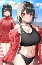 1girl black_hair black_sports_bra breasts collarbone highres jacket large_breasts midriff mizukoshi_(marumi) multiple_views muscular muscular_female navel open_clothes open_jacket original outdoors red_eyes red_jacket short_hair sports_bra sports_panties sportswear standing sweaty_clothes track_jacket translation_request