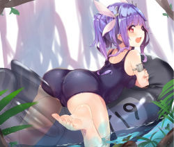 Rule 34 | 10s, 1girl, ass, barefoot, between legs, blue hair, blush, breasts, cameltoe, crossed arms, crotch, feet, foot focus, hair ornament, hair ribbon, i-19 (kancolle), inflatable torpedo, kantai collection, large breasts, long hair, looking at viewer, looking back, lying, on stomach, one-piece swimsuit, open mouth, red eyes, ribbon, school swimsuit, smile, soles, solo, star-shaped pupils, star (symbol), swimsuit, symbol-shaped pupils, toes, tri tails, yukizumi remon