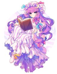 Rule 34 | 1girl, blue bow, book, bow, closed mouth, crescent, crescent hair ornament, dress, ear piercing, full body, hair bow, hair ornament, hat, highres, kozakura (dictionary), long hair, long sleeves, mob cap, open book, patchouli knowledge, piercing, purple eyes, purple hair, purple socks, red bow, sidelocks, socks, solo, striped clothes, striped dress, touhou, twitter username, vertical-striped clothes, vertical-striped dress, white dress, white hat, wide hips