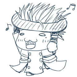 Rule 34 | 1boy, :3, arms up, blush, carrying, chibi, coat, doughnut, food, happy, high collar, long coat, mole, monochrome, musical note, open mouth, short hair, spiked hair, trigun, vash the stampede, walking