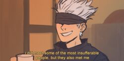 Rule 34 | 1boy, aalexfletcher, blindfold, buzzfeed unsolved, commentary, cup, english commentary, english text, gojou satoru, grey hair, holding, holding cup, jujutsu kaisen, male focus, mug, short hair, smile, solo, subtitled