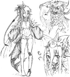 Rule 34 | 1girl, absurdres, claws, fish in mouth, hair between eyes, headgear, highres, joints, lamia (npc) (punishing: gray raven), lamia (punishing: gray raven), long hair, long sleeves, mechanical legs, mechanical parts, monochrome, multiple views, official alternate costume, punishing: gray raven, robot joints, shiokaze1409, sidelocks, single mechanical leg