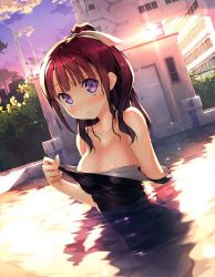 Rule 34 | 1girl, bare shoulders, black one-piece swimsuit, blush, breasts, brown hair, building, chain-link fence, cleavage, clothes pull, cloud, collarbone, dutch angle, fence, hair ribbon, highres, kantoku, looking at viewer, one-piece swimsuit, one-piece swimsuit pull, original, ponytail, pool, purple eyes, ranguage, red hair, reflection, ribbon, scan, school swimsuit, sky, smile, solo, stairs, starting block, sunlight, sunset, swimsuit, vanishing point, wading, water, wet, wet hair