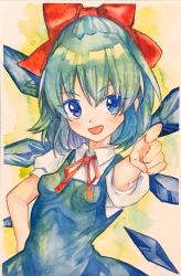 Rule 34 | 1girl, blue eyes, blue hair, blush, bow, cirno, hair bow, ice, ice wings, looking at viewer, open mouth, painting (medium), pointing, pointing at viewer, red bow, red ribbon, ribbon, selenium, short hair, simple background, solo, touhou, traditional media, watercolor (medium), wings