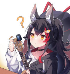 Rule 34 | 1girl, ?, animal ear fluff, animal ears, bass guitar, black choker, black hair, black hoodie, blush, choker, closed mouth, commentary request, deany, hair between eyes, hair ornament, hairclip, highres, holding, holding instrument, hololive, hood, hood down, hoodie, instrument, long hair, long sleeves, looking away, multicolored hair, ookami mio, ookami mio (casual), red hair, solo, streaked hair, two-tone hoodie, upper body, virtual youtuber, white hoodie, wolf ears, wolf girl, yellow eyes