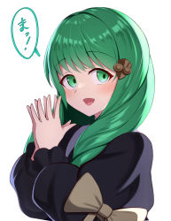 Rule 34 | 1girl, fire emblem, fire emblem: three houses, flayn (fire emblem), green eyes, green hair, hair ornament, highres, hondaranya, long hair, long sleeves, looking to the side, nintendo, own hands together, solo, speech bubble, translation request, upper body, white background