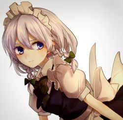 Rule 34 | 1girl, apron, black bow, black bowtie, black dress, blue eyes, blurry, bow, bowtie, braid, breasts, closed mouth, collared dress, commentary request, dress, earrings, frilled apron, frills, gradient background, green bow, grey background, hair between eyes, hair bow, izayoi sakuya, jewelry, kohaku., kurami (kohaku.), leaning forward, long hair, looking to the side, maid apron, maid headdress, puffy short sleeves, puffy sleeves, short sleeves, sidelocks, silver hair, small breasts, smile, solo, touhou, twin braids, upper body, white apron, white bow