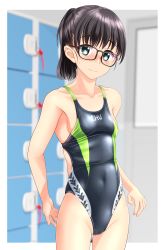 Rule 34 | 1girl, absurdres, black-framed eyewear, black hair, black one-piece swimsuit, blurry, blurry background, blush, breasts, clothes writing, collarbone, commentary request, competition swimsuit, covered navel, cowboy shot, female pubic hair, glasses, green eyes, highleg, highleg swimsuit, highres, indoors, locker, locker room, multicolored clothes, multicolored swimsuit, nose blush, one-piece swimsuit, original, pubic hair, pubic hair peek, short hair, small breasts, solo, standing, swimsuit, takafumi, window