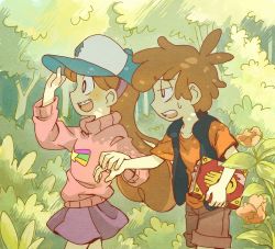 Rule 34 | 1boy, 1girl, annoyed, bad id, bad pixiv id, bags under eyes, baseball cap, blush, book, borrowed clothes, braces, brother and sister, brown hair, brown shorts, dipper pines, exhausted, flower, forest, gravity falls, hairband, half-closed eyes, happy, hat, hetero, holding, holding hands, long hair, mabel pines, nature, open mouth, pink sweater, profile, purple skirt, red shirt, sanako (sanagineko46), shirt, shooting star, shorts, siblings, skirt, sleeveless, sleeveless jacket, smile, star (symbol), star print, sweatdrop, sweater, t-shirt, tree, tree print, turtleneck, twins, walking