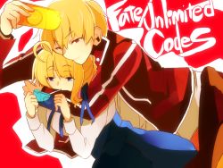 Rule 34 | 1boy, 1girl, ahoge, artoria pendragon (all), artoria pendragon (fate), bad id, bad pixiv id, blonde hair, blue eyes, capcom, casual, dress, fate/stay night, fate/unlimited codes, fate (series), gilgamesh (fate), hair ribbon, handheld game console, official alternate costume, playing games, playstation portable, quality, red eyes, ribbon, saber (fate), sumesiumee