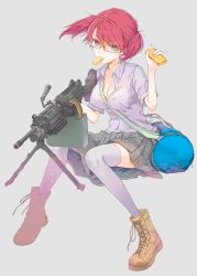 Rule 34 | 1girl, blue eyes, boots, eating, fuyuno haruaki, glasses, grey background, gun, highres, holding, holding weapon, light machine gun, looking at viewer, m249, machine gun, original, pink hair, simple background, skirt, solo, solo focus, thighhighs, weapon