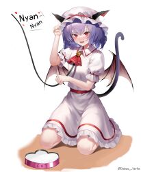 Rule 34 | 1girl, absurdres, animal ears, ascot, bat wings, blush, bowl, cat ears, cat tail, collared shirt, commentary, dobostorte, english text, fangs, frilled skirt, frilled sleeves, frills, full body, hands up, hat, hat ribbon, highres, kemonomimi mode, kneeling, leash, milk, mob cap, open mouth, paw pose, pet bowl, puffy short sleeves, puffy sleeves, purple hair, red ascot, red eyes, red ribbon, remilia scarlet, ribbon, shirt, short hair, short sleeves, simple background, skirt, skirt set, slit pupils, smile, solo, tail, touhou, twitter username, white background, white hat, white shirt, white skirt, wings