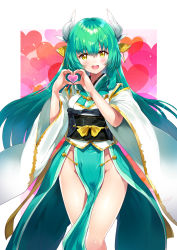 Rule 34 | 1girl, aqua hair, commentary request, fate/grand order, fate (series), green hair, han&#039;eri, heart, heart hands, highres, horns, japanese clothes, kimono, kiyohime (fate), long hair, looking at viewer, no panties, obi, obiage, obijime, open mouth, pelvic curtain, sash, solo, sora-bozu, yellow eyes