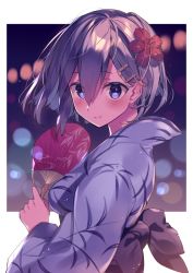 Rule 34 | 10s, 1girl, alternate costume, blue eyes, blurry, blush, bokeh, breasts, closed mouth, colored eyelashes, depth of field, eyelashes, eyes visible through hair, flower, from side, hair between eyes, hair flower, hair ornament, hairclip, hamakaze (kancolle), hand fan, holding, holding fan, japanese clothes, kantai collection, kimono, kureaki (exit), light particles, long sleeves, looking at viewer, medium breasts, messy hair, obi, outside border, paper fan, print kimono, red flower, sash, short hair, silver hair, smile, solo, uchiwa, upper body, wide sleeves, yukata