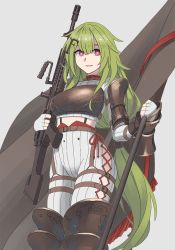 Rule 34 | 1girl, armor, breastplate, commission, fingerless gloves, flag, girls&#039; frontline, gloves, green hair, grey background, gun, hair ornament, heart, heart in eye, highres, holding, holding flag, holding gun, holding weapon, long hair, looking at viewer, machine gun, mk48, mk48 (girls&#039; frontline), mk48 (gunsmoke decree) (girls&#039; frontline), official alternate costume, pixiv commission, red eyes, simple background, smile, solo, standing, symbol in eye, tab (tabkun), weapon, white gloves