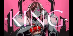 Rule 34 | 1girl, barbed wire, bow, brown hair, coat, commentary request, congratulations, crown, unworn crown, english text, finger to mouth, fingernails, fur-trimmed coat, fur trim, hair bow, hairband, highres, holding, holding crown, king (vocaloid), kizuna ai, kizuna ai inc., long hair, looking at viewer, multicolored hair, official art, pink background, pink hair, pink hairband, sitting, smile, solo, song name, straight-on, teeth, throne, two-tone hair, upper body, virtual youtuber, vocaloid