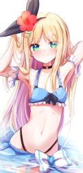 Rule 34 | 1girl, armpits, arms behind head, arms up, baram, bare shoulders, bikini, black hairband, black ribbon, blonde hair, blue bikini, blush, bow, breasts, closed mouth, commentary request, flower, green eyes, hair flower, hair ornament, hair ribbon, hairband, hairclip, highres, long hair, looking at viewer, mononobe alice, multicolored hair, navel, nijisanji, parted bangs, partially submerged, purple hair, red flower, ribbon, small breasts, smile, solo, swimsuit, two-tone hair, very long hair, virtual youtuber, water, white background, white bow, white flower