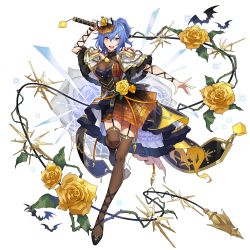 Rule 34 | 1girl, :d, bat (animal), black footwear, blue hair, breasts, brown thighhighs, cleavage, criss-cross halter, fishnet thighhighs, fishnets, flower, full body, garter straps, hair ornament, halterneck, highres, holding, holding sword, holding weapon, hop step jumpers, katana, large breasts, looking at viewer, open mouth, plant, ponytail, purple eyes, rose, samei ikusa, shoes, short sleeves, simple background, skirt, smile, solo, standing, standing on one leg, sword, thighhighs, vines, weapon, white background, yellow flower, yellow rose