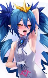Rule 34 | 1girl, arm up, armpits, blondy (ldlong), blue hair, blue ribbon, blush, bombergirl, breasts, collared dress, crown, dress, drill hair, gloves, hair between eyes, half-closed eyes, hand on own stomach, highres, lewisia aquablue, long hair, looking at viewer, naughty face, open mouth, orange eyes, pointy ears, pubic tattoo, ribbon, saliva, simple background, sleeveless, sleeveless dress, small breasts, solo, tattoo, tongue, tongue out, twin drills, upper body, white dress, white gloves