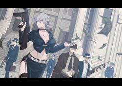 Rule 34 | 1930s (style), 1girl, 6+boys, abs, bank, breasts, building, cleavage, fedora, formal, gangster, girls&#039; frontline, gun, hat, highres, hirumadou, large breasts, letterboxed, money, multiple boys, navel, necktie, police, police uniform, policeman, purple hair, robbery, skirt, submachine gun, suit, thighhighs, thompson (girls&#039; frontline), thompson submachine gun, uniform, watch, weapon, wristwatch