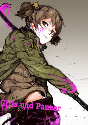Rule 34 | 10s, 1girl, alisa (girls und panzer), brown eyes, brown hair, brown jacket, capri pants, casual, cigarette, copyright name, crowbar, freckles, girls und panzer, gloves, grey shirt, hair ornament, hand on own hip, highres, hiranko, holding, holding crowbar, jacket, matching hair/eyes, midriff, pants, pouch, shirt, short hair, short twintails, simple background, sketch, smoke, solo, star (symbol), star hair ornament, twintails, white background