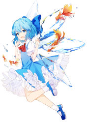 Rule 34 | 1girl, :d, ascot, blue bow, blue dress, blue eyes, blue footwear, blue hair, bow, cirno, collared shirt, commentary, dress, fish, frilled sleeves, frills, full body, ginryuu, goldfish, hair bow, hand to own mouth, hands up, highres, hydrokinesis, ice, ice wings, looking at viewer, mary janes, medium hair, open mouth, petticoat, pinafore dress, puffy short sleeves, puffy sleeves, red ascot, shirt, shoes, short sleeves, simple background, sleeveless, sleeveless dress, smile, socks, solo, symbol-only commentary, touhou, water, white background, white shirt, white socks, wings