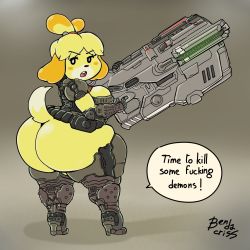 Rule 34 | animal ears, armored boots, ass, bendacriss, boots, breasts, crossover, dog ears, doom (series), doom (game), animal crossing, english text, furry, gloves, gun, high heel boots, high heels, highres, huge ass, large breasts, looking at viewer, looking back, nintendo, open mouth, isabelle (animal crossing), tail, thick thighs, thigh boots, thighhighs, thighs, weapon