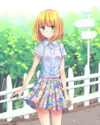 Rule 34 | 1girl, blonde hair, breasts, female focus, fence, floral print, green eyes, lace, lace-trimmed shirt, lace trim, looking at viewer, mu ying rong, original, pleated skirt, shirt, short hair, short sleeves, skirt, small breasts, smile, solo, suikakitsu shiro, swept bangs, thighs, tree