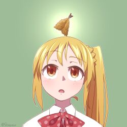 Rule 34 | blonde hair, bocchi the rock!, bow, bowtie, collared shirt, fish (food), food, food on head, fried fish, fried horse mackerel, green background, highres, ijichi nijika, long hair, looking up, object on head, open mouth, orange eyes, polka dot bowtie, portrait, red bow, red bowtie, shapoco, shirt, side ponytail, straight-on, white shirt