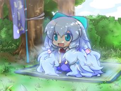 Rule 34 | 1girl, alternate hair length, alternate hairstyle, blue dress, blue eyes, blue hair, blue sky, bow, bush, cirno, cloud, day, dress, food, forest, grass, hair bow, highres, ice cream, long hair, matching hair/eyes, mundane utility, nature, open mouth, outdoors, popsicle, puffy sleeves, red star (toranecomet), shirt, short sleeves, sign, sitting, sky, smile, solo, tatami, touhou, translation request, tree, very long hair