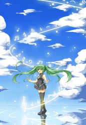 Rule 34 | 1girl, bass clef, beamed eighth notes, beamed sixteenth notes, black footwear, black skirt, black vest, blush, boots, cloud, day, eighth note, flat sign, green eyes, green hair, half note, hatsunatsu, hatsune miku, highres, long hair, music, musical note, natural sign, necktie, open mouth, pleated skirt, quarter note, quarter rest, reflection, ripples, sharp sign, singing, sixteenth note, skirt, sky, solo, thigh boots, thighhighs, treble clef, twintails, very long hair, vest, vocaloid, water