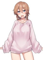 Rule 34 | 1girl, absurdres, alternate costume, blue eyes, blush, brown hair, collarbone, cowboy shot, gluteal fold, hair between eyes, highres, kantai collection, kiritto, long hair, looking at viewer, open mouth, simple background, sleeves past wrists, smile, solo, sweater, teruzuki (kancolle), white background, white sweater