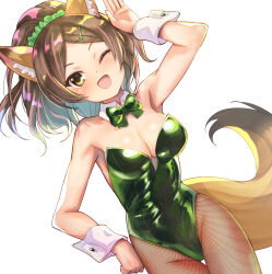 Rule 34 | 1girl, ;d, absurdres, animal ear fluff, animal ears, arm up, armpits, blush, bow, brown eyes, brown hair, character request, collar, cowboy shot, detached collar, fishnet pantyhose, fishnets, fox ears, fox girl, fox tail, green bow, green leotard, green scrunchie, groin, hair ornament, hair scrunchie, hairclip, hand on own hip, high ponytail, highres, leotard, looking at viewer, nyama, one eye closed, open mouth, pantyhose, parted bangs, ponytail, scrunchie, show by rock!!, simple background, smile, solo, strapless, strapless leotard, tail, thigh gap, white background, white collar, wing collar, wrist cuffs, x hair ornament